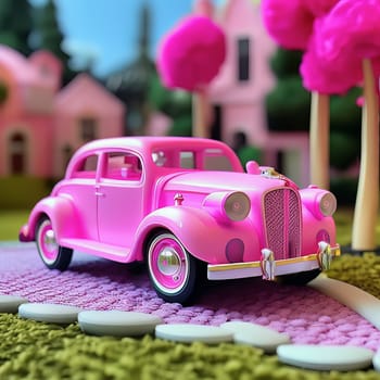 Barbie style pink car on the street. High quality photo