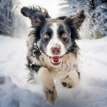 Dog running in deep snow. Ai art. High quality photo