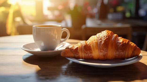 A cup of coffee with pastry croissant or cake on the table in a cafe. Ai art