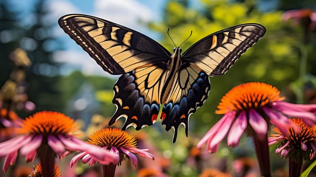 Beautiful multi-colored butterfly on a flower. Beauty in nature. Ai art.