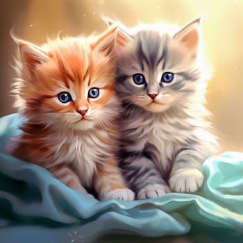 Little cute kittens sitting on the bed on a blanket. Ai art