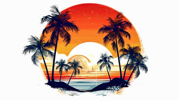 Round graphic palm tree and sun. Sunset on the sea. Ai generadet art. High quality photo