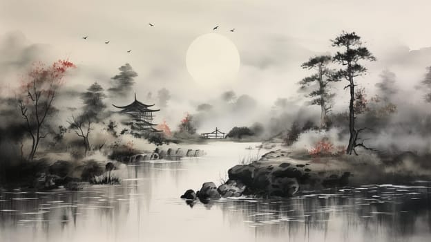 Japanese landscape watercolor black and white. Lake in the mountains and sakura trees. Ai art