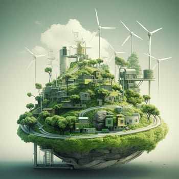 Green energy concept. Small green island with trees and houses. Ai art.