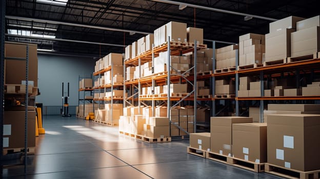 Distribution center with box packaging on shelves. Large warehouse with packaged goods. Ai art