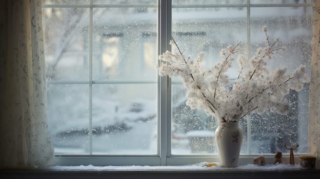 snow outside the window. High quality photo