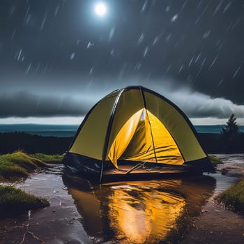 Camping tent in nature at night.