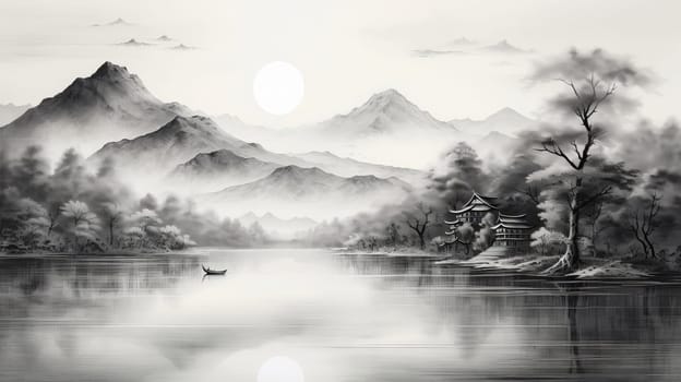 Japanese landscape watercolor black and white. Lake in the mountains and sakura trees. Ai art