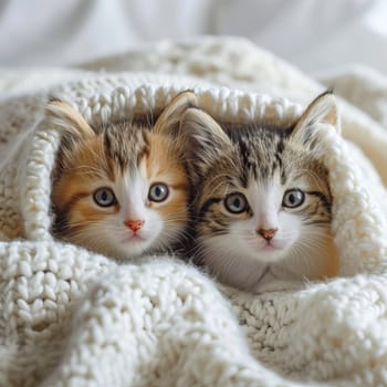 Little cute kittens sitting on the bed on a blanket. Ai art