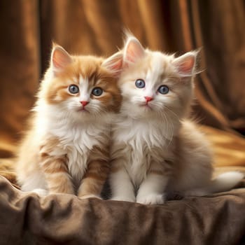 Little cute kittens sitting on the bed on a blanket. Ai art