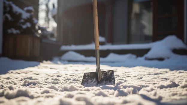snow shovel in the snow . High quality photo