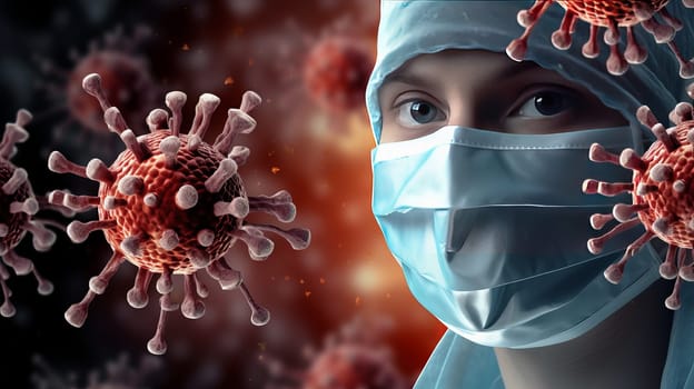 Face of a doctor in a medical mask against the background of a virus. Pandemic medical concept. Ai art. High quality photo