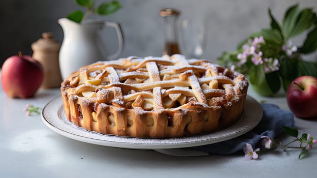 Apple pie on a white table and cup of caffe in a cafe. High quality photo