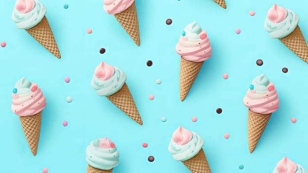 Ice cream pattern on patel blue background. Ai art