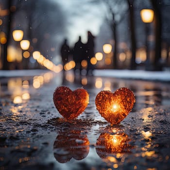 Red heart in the snow and lights bokeh. High quality photo