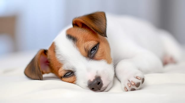 Jack russel terrier puppy sleeping on white bed. Ai art