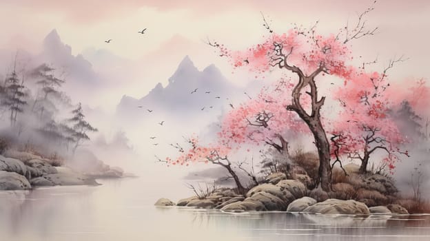 Japanese landscape watercolor. Lake in the mountains and sakura trees. Ai art