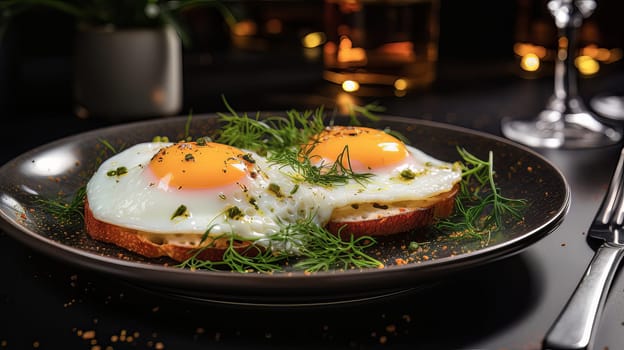 Fried eggs on a modern plate on a white table. Healthy breakfast. High quality photo