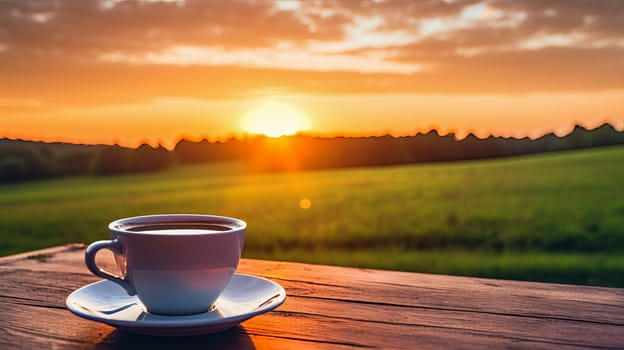 A cup of coffee on a table in front of a field with at sunset. Ai art