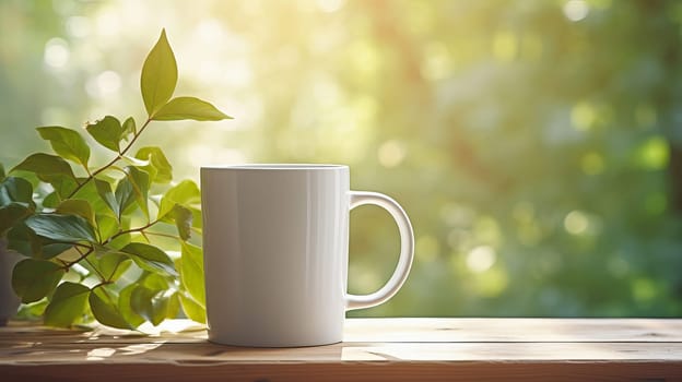 A white coffee mug on a table next to a plant. Ai art