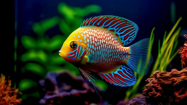 Tropical colorful fish in an aquarium with seaweed. High quality photo