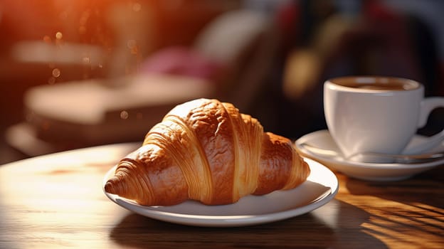 A cup of coffee with pastry croissant or cake on the table in a cafe. Ai art