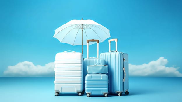 Travel suitcases and umbrella on blue. Vacation concept. Ai generadet art. High quality photo