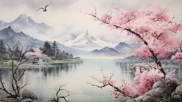 Japanese landscape watercolor. Lake in the mountains and sakura trees. Ai art