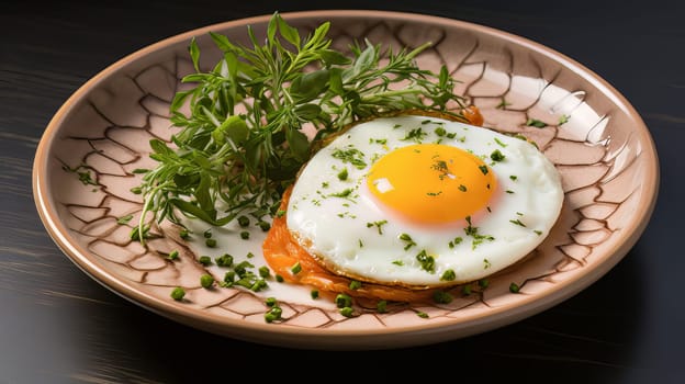 Fried eggs on a modern plate on a white table. Healthy breakfast. High quality photo