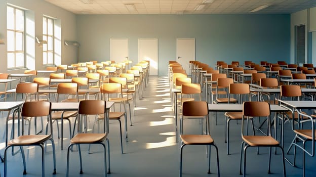 Empty classrom with a lot of chair with no student. Ai art. High quality photo