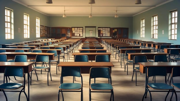 Empty classrom with a lot of chair with no student. Ai art. High quality photo