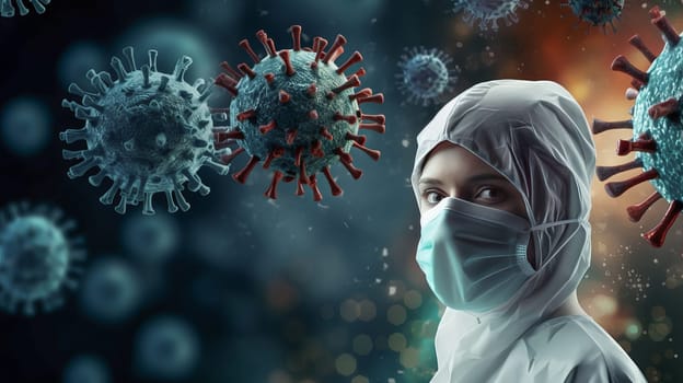 Face of a doctor in a medical mask against the background of a virus. Pandemic medical concept. Ai art. High quality photo