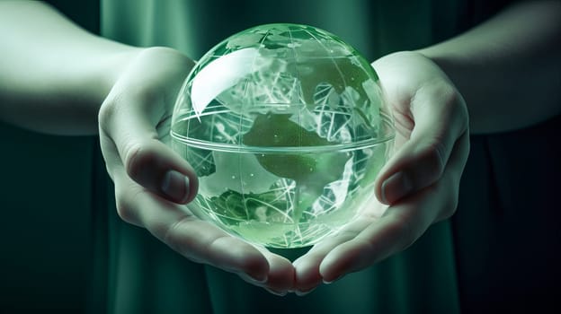 Hand holding the glass globe, white and light green color. Ai art.