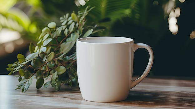 A white coffee mug on a table next to a plant. Ai art