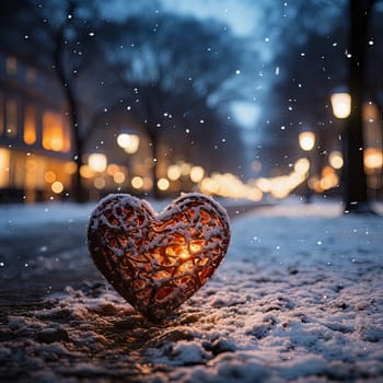 Red heart in the snow and lights bokeh. High quality photo