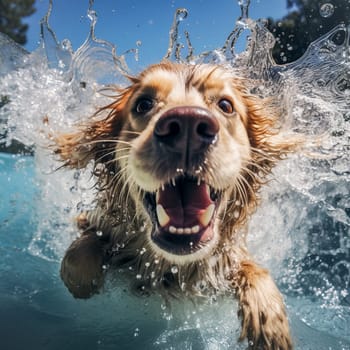 Joyful dog swims in the pool. Summer vacation concept. Ai art.