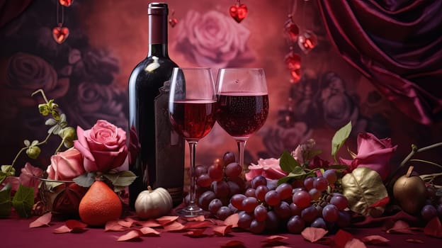 Valentines day hearts background with wine and flowers. High quality photo