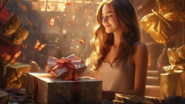 A young girl is unwrapping a Christmas gift surrounded by a tableware of presents.