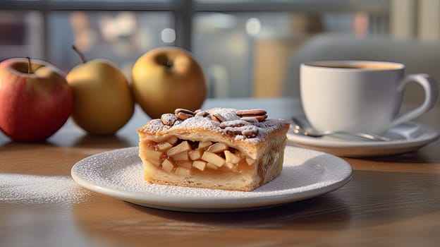 Apple pie on a white table and cup of caffe in a cafe. High quality photo