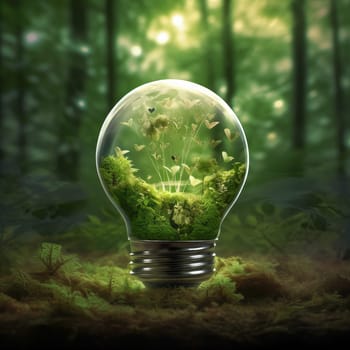 Green energy concept. Small green island with trees under the glass of an incandescent lamp. Ai art.