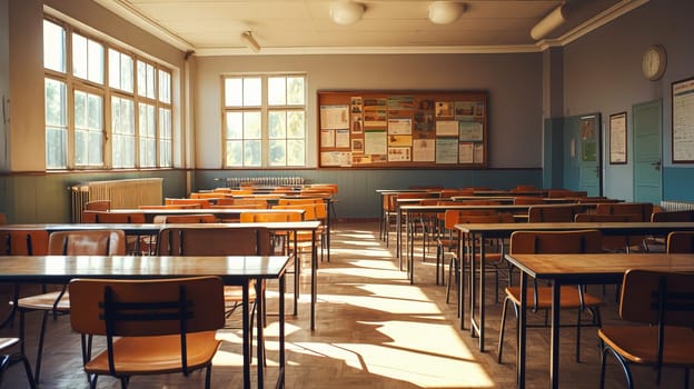 Empty classrom with a lot of chair with no student. Ai art. High quality photo