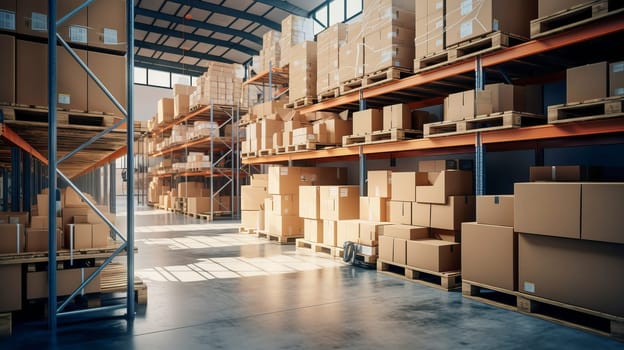 Distribution center with box packaging on shelves. Large warehouse with packaged goods. Ai art