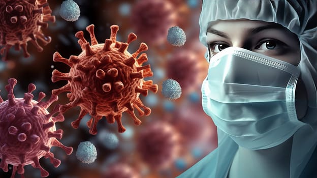 Face of a doctor in a medical mask against the background of a virus. Pandemic medical concept. Ai art. High quality photo