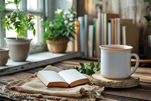 A white ceramic mug filled with tea rests on a wooden coaster, accompanied by a book resting on a burlap cloth. The scene is set by a window, with lush plants in pots and a bookshelf in the background, creating a warm and inviting atmosphere perfect for reading and relaxation.