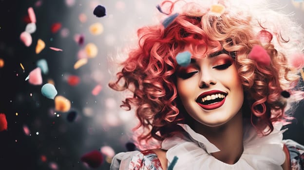 Joyful girl with curly hair and flying confetti around. Concept festive atmosphere. Ai art. High quality photo