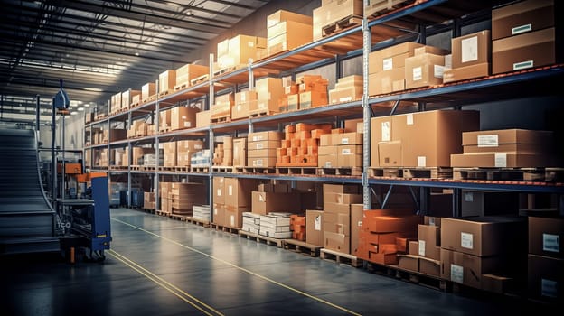 Distribution center with box packaging on shelves. Large warehouse with packaged goods. Ai art