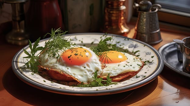 Fried eggs on a modern plate on a white table. Healthy breakfast. High quality photo