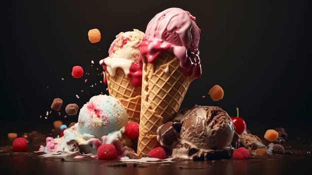 Delicious creamy assorted ice cream balls. Ai art. High quality photo