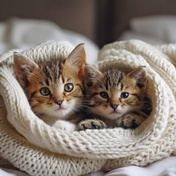 Little cute kittens sitting on the bed on a blanket. Ai art