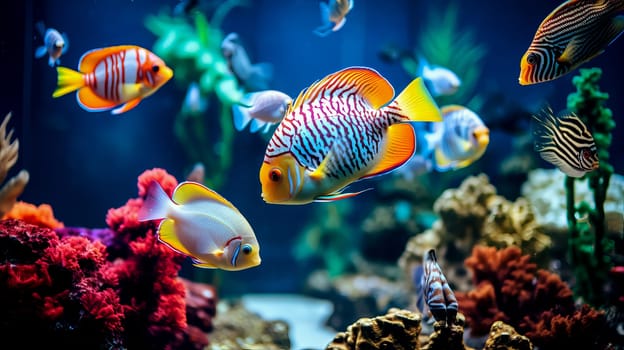 Tropical colorful fish in an aquarium with seaweed. High quality photo